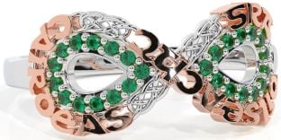 Emerald White Rose Gold Celtic Infinity Irish "Love, Loyalty, & Friendship" Ring