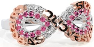 Pink Tourmaline White Rose Gold Celtic Infinity Irish "Love, Loyalty, & Friendship" Ring