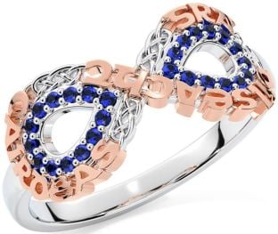 Sapphire White Rose Gold Celtic Infinity Irish "Love, Loyalty, & Friendship" Ring