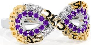 Amethyst White Yellow Gold Celtic Infinity Irish "Love, Loyalty, & Friendship" Ring