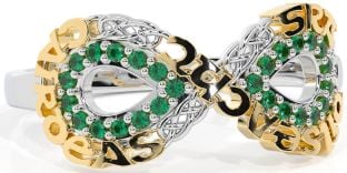 Emerald White Yellow Gold Celtic Infinity Irish "Love, Loyalty, & Friendship" Ring
