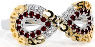 Garnet White Yellow Gold Celtic Infinity Irish "Love, Loyalty, & Friendship" Ring