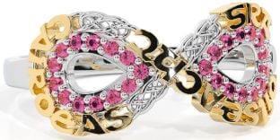 Pink Tourmaline White Yellow Gold Celtic Infinity Irish "Love, Loyalty, & Friendship" Ring