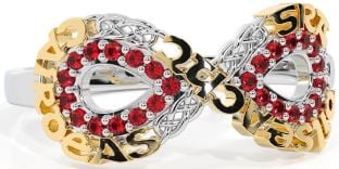 Ruby White Yellow Gold Celtic Infinity Irish "Love, Loyalty, & Friendship" Ring
