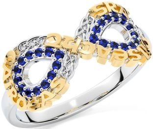 Sapphire White Yellow Gold Celtic Infinity Irish "Love, Loyalty, & Friendship" Ring