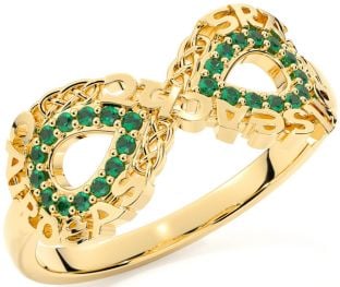 Emerald Gold Celtic Infinity Irish "Love, Loyalty, & Friendship" Ring