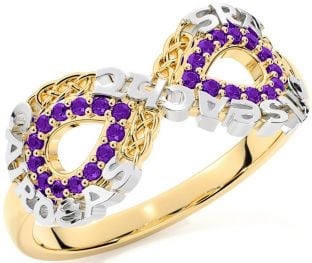 Amethyst White Yellow Gold Celtic Infinity Irish "Love, Loyalty, & Friendship" Ring