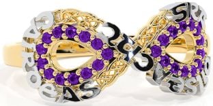 Amethyst White Yellow Gold Celtic Infinity Irish "Love, Loyalty, & Friendship" Ring