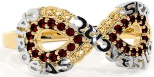 Garnet White Yellow Gold Celtic Infinity Irish "Love, Loyalty, & Friendship" Ring