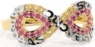 Pink Tourmaline White Yellow Gold Celtic Infinity Irish "Love, Loyalty, & Friendship" Ring