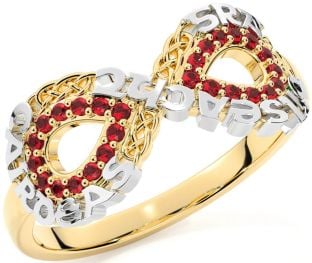 Ruby White Yellow Gold Celtic Infinity Irish "Love, Loyalty, & Friendship" Ring