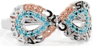 Aquamarine Rose Gold Silver Celtic Infinity Irish "Love, Loyalty, & Friendship" Ring
