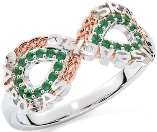 Emerald Rose Gold Silver Celtic Infinity Irish "Love, Loyalty, & Friendship" Ring