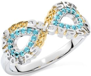 Aquamarine Gold Silver Celtic Infinity Irish "Love, Loyalty, & Friendship" Ring