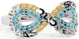 Aquamarine Gold Silver Celtic Infinity Irish "Love, Loyalty, & Friendship" Ring