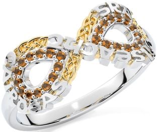 Citrine Gold Silver Celtic Infinity Irish "Love, Loyalty, & Friendship" Ring