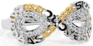 Diamond Gold Silver Celtic Infinity Irish "Love, Loyalty, & Friendship" Ring
