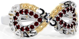 Garnet Gold Silver Celtic Infinity Irish "Love, Loyalty, & Friendship" Ring