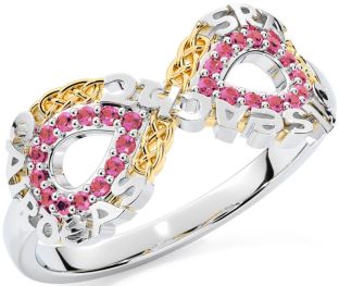 Pink Tourmaline Gold Silver Celtic Infinity Irish "Love, Loyalty, & Friendship" Ring