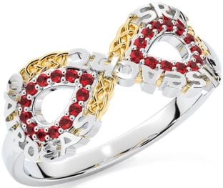 Ruby Gold Silver Celtic Infinity Irish "Love, Loyalty, & Friendship" Ring