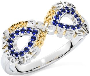 Sapphire Gold Silver Celtic Infinity Irish "Love, Loyalty, & Friendship" Ring