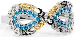 Topaz Gold Silver Celtic Infinity Irish "Love, Loyalty, & Friendship" Ring