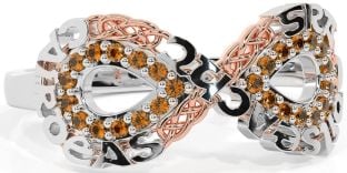 Citrine White Rose Gold Celtic Infinity Irish "Love, Loyalty, & Friendship" Ring