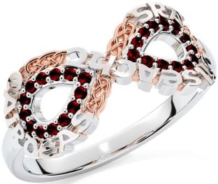 Garnet White Rose Gold Celtic Infinity Irish "Love, Loyalty, & Friendship" Ring