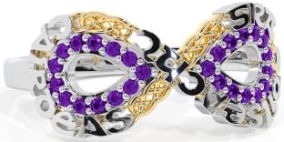 Amethyst White Yellow Gold Celtic Infinity Irish "Love, Loyalty, & Friendship" Ring