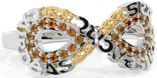 Citrine White Yellow Gold Celtic Infinity Irish "Love, Loyalty, & Friendship" Ring
