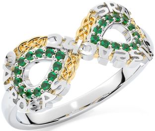Emerald White Yellow Gold Celtic Infinity Irish "Love, Loyalty, & Friendship" Ring