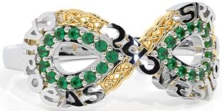 Emerald White Yellow Gold Celtic Infinity Irish "Love, Loyalty, & Friendship" Ring