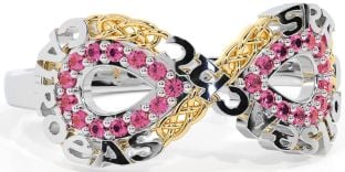 Pink Tourmaline White Yellow Gold Celtic Infinity Irish "Love, Loyalty, & Friendship" Ring