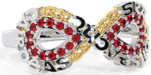 Ruby White Yellow Gold Celtic Infinity Irish "Love, Loyalty, & Friendship" Ring