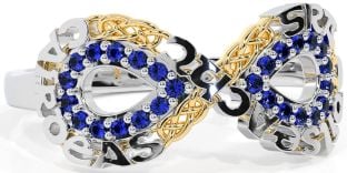 Sapphire White Yellow Gold Celtic Infinity Irish "Love, Loyalty, & Friendship" Ring