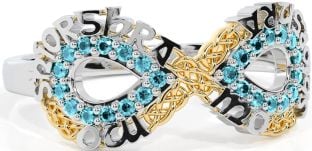 Aquamarine Gold Silver Celtic Infinity Irish "My eternal love" Ring
