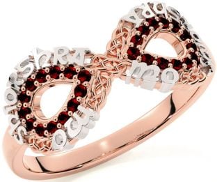 Garnet White Rose Gold Celtic Infinity Irish "My eternal love" Ring
