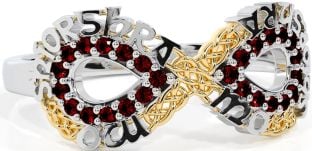 Garnet White Yellow Gold Celtic Infinity Irish "My eternal love" Ring