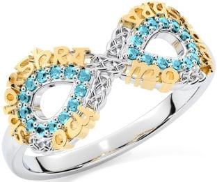 Aquamarine Gold Silver Celtic Infinity Irish "My eternal love" Ring