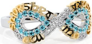 Aquamarine Gold Silver Celtic Infinity Irish "My eternal love" Ring