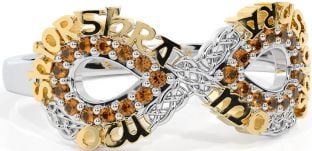 Citrine Gold Silver Celtic Infinity Irish "My eternal love" Ring