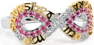 Pink Tourmaline White Yellow Gold Celtic Infinity Irish "My eternal love" Ring