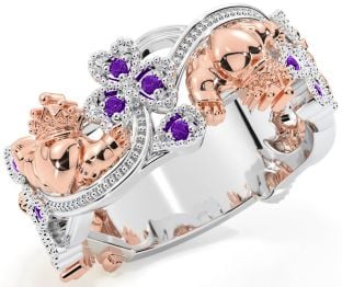 Amethyst Rose Gold Silver Claddagh Shamrock Ring