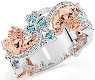 Aquamarine Rose Gold Silver Claddagh Shamrock Ring