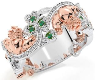 Emerald Rose Gold Silver Claddagh Shamrock Ring