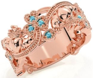 Aquamarine Rose Gold Claddagh Shamrock Ring