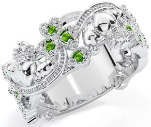 Peridot Silver Claddagh Shamrock Ring