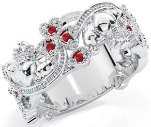 Ruby Silver Claddagh Shamrock Ring