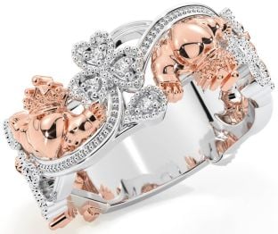 Diamond White Rose Gold Claddagh Shamrock Ring