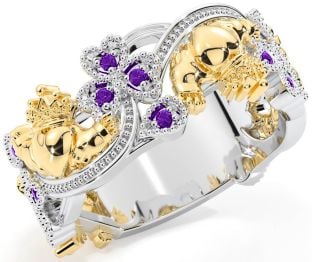 Amethyst White Yellow Gold Claddagh Shamrock Ring